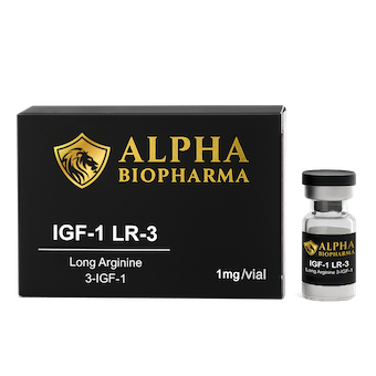 Vooraanzicht van IGF-1 LR3 vial met doosje – Alpha BioPharma peptide supplement.