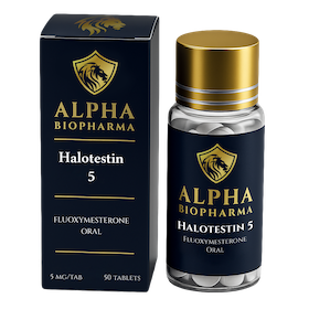 Vooraanzicht van Halotestin supplement – potje met doosje van Alpha BioPharma.